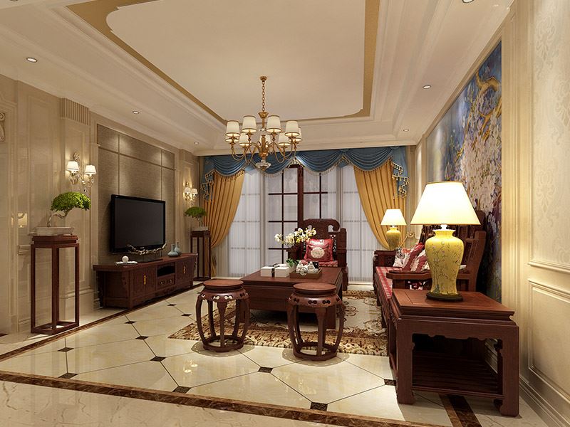 茂名市東信首府新中式風(fēng)格三居室裝修案例