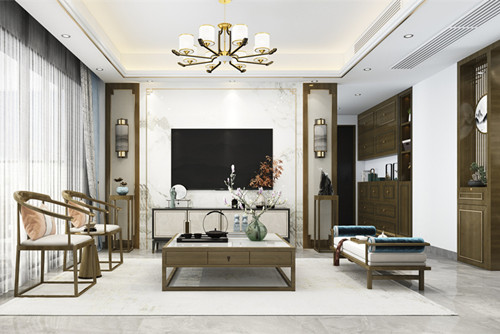 中山市萬科金悅?cè)A庭新中式風格三居室裝修案例